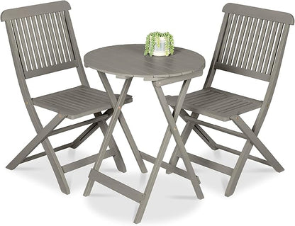 Best Choice Products 3-Piece Acacia Wood Bistro Set, Folding Patio Furniture for Backyard, Balcony, Deck w/ 2 Chairs, Round Coffee Table, Teak Finish - Gray