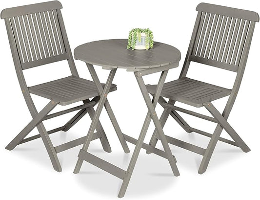 Best Choice Products 3-Piece Acacia Wood Bistro Set, Folding Patio Furniture for Backyard, Balcony, Deck w/ 2 Chairs, Round Coffee Table, Teak Finish - Gray