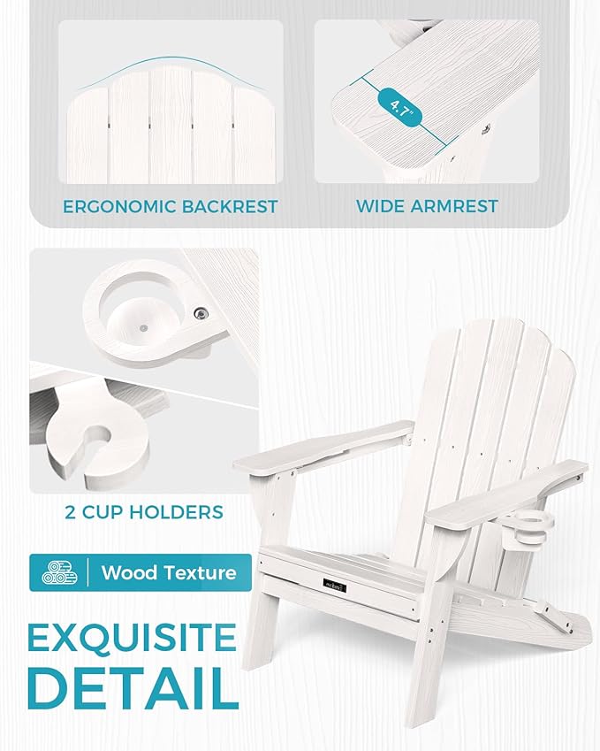 Adirondack Chairs Set of 4, Patio Chair, HDPE Fire Pit Chairs, Plastic Adirondack Chairs with 2 Cup Holder, Outdoor Lawn Chair for Patio Garden, White