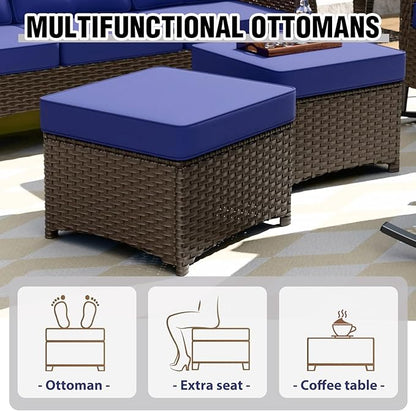 COOS BAY Stone Harbor Wicker Outdoor Furniture Set, All Weather Patio Conversation Sets, Rattan Outdoor Sofa Set, Rocking Chairs, Couch, Ottomans, and Side Table, 6 Pieces, Brown/Blue