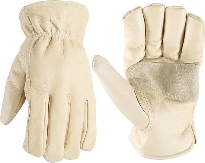 Wells Lamont Leather Work Gloves for Men – Grain Cowhide, Reinforced Palm – Ideal for Construction, Farming, Ranching – Ergonomic Fit, Keystone Thumb, Elasticized Wrist – Beige, Small (1130S)