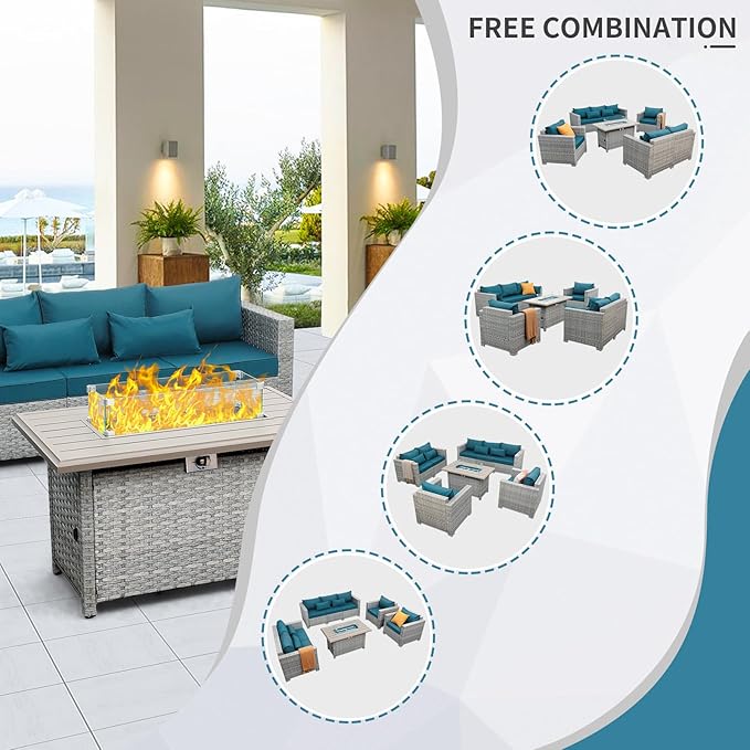 WAROOM Patio Furniture Set 5 Piece Grey Wicker Outdoor Furniture with Fire Pit Table, Patio Sectional Sofa Couch Sets Backyard Deep Seating PE Rattan Chairs, Peacock Blue Cushion