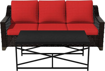 Vista Vibe 2 Pieces Outdoor Patio Conversation Furniture Set - 78" 3-seat Sofa | Metal Coffee Table, Deep Seat Loveseat, Removable Cushions, Hand-Woven PE Rattan Couch, Lawn (Brown/Red)