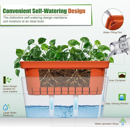 OurWarm 3 Pack Self Watering Herb Planter Set for Windowsill, 10.5In Indoor Herb Garden Planters with Water Level Indicator, Dual Layer Easy Care Pot for Basil, Flowers, Vegetables & Succulent