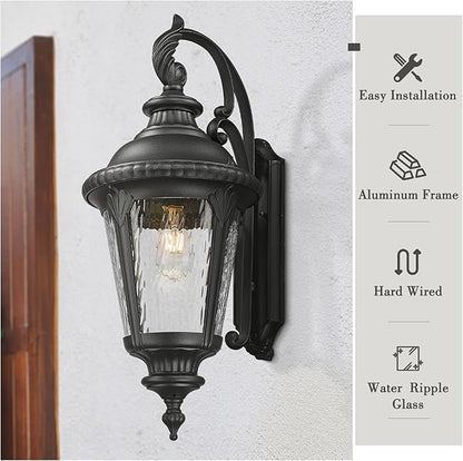 Emliviar 28.4" Large Outdoor Wall Lantern, Farmhouse Exterior Porch Light for House, Black Finish with Water Ripple Glass, XE265B-SW BK