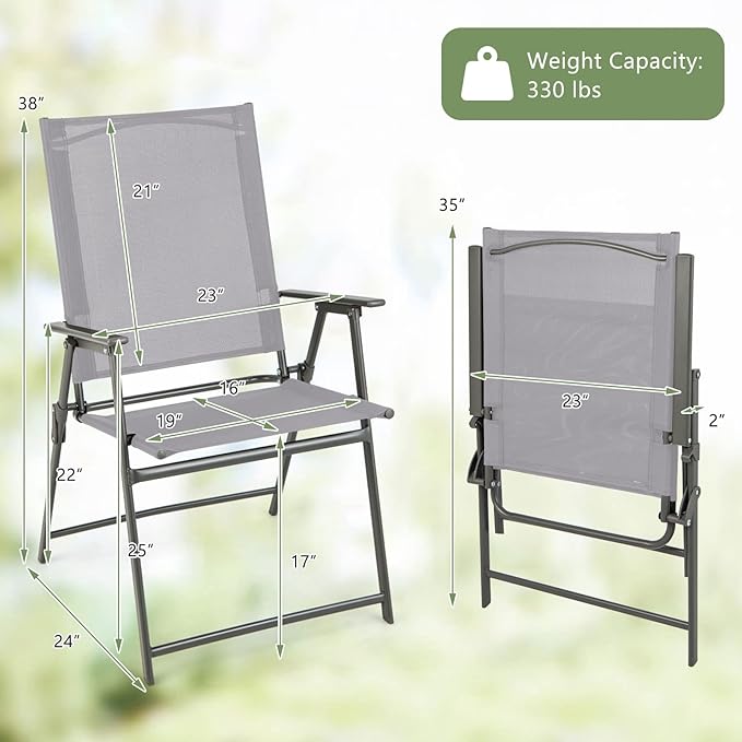 Giantex Patio Folding Chairs, Outdoor Lawn Chairs with Rustproof Metal Frame, Portable Dining Chairs for Porch, Deck, Garden, Backyard, Camping (1 Count (Pack of 2), Gray)