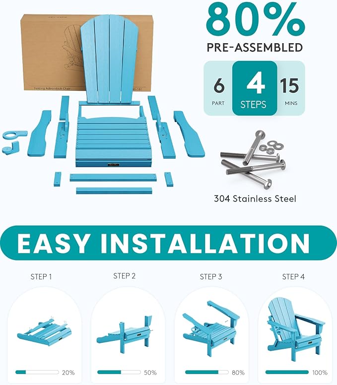 SERWALL Folding Adirondack Chair with Cup Holder Weather Resistant Patio Chair Outdoor Chairs Painted Adirondack Chairs Set of 2 - Aruba Blue