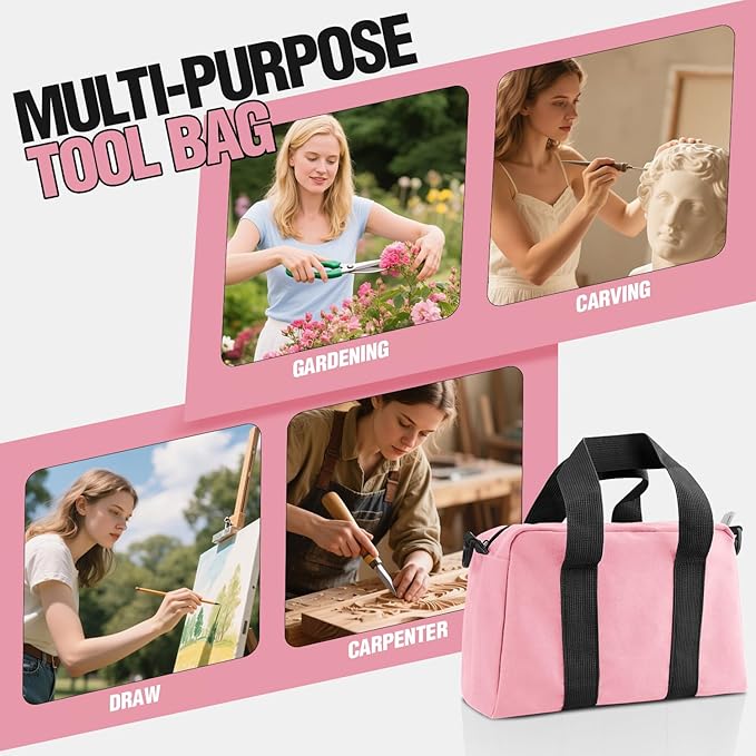 Small Tool Bag, Canvas Tool Storage Bag, Large Capacity Multipurpose Zipper Soft Tote Organizer Pouch for Electrician, Plumbing, Gardening,Tools Bags for Men (Pink, 12 Inch)