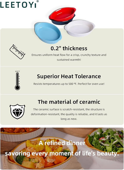 LEETOYI Porcelain Small Oval Au Gratin Pans, Set of 4 Baking Dish Set for 1 or 2 person servings, Bakeware with Double Handle for Kitchen and Home, White