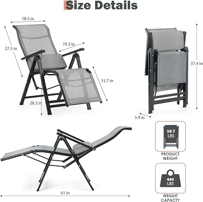 Folding Lounge Chaise,Outdoor Aluminum Beach Chair Tanning Recliners High Backrest with Removable Lumbar Pillow Assemble-Free for Sunbathing Patio Pool Beach Lawn Deck - Grey