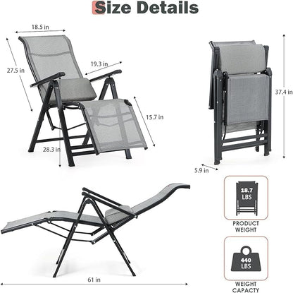 Folding Lounge Chaise,Outdoor Aluminum Beach Chair Tanning Recliners High Backrest with Removable Lumbar Pillow Assemble-Free for Sunbathing Patio Pool Beach Lawn Deck - Grey