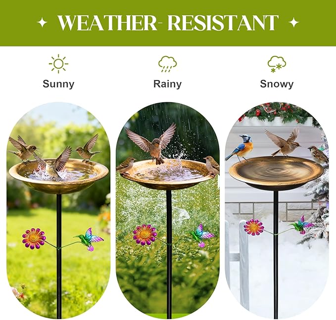Bird Bath for Outdoors,Metal Freestanding Garden Bird Feeder with Decorative Hummingbird & Flower Accent,Vintage Antique Bronze Bowl for Yard,Lawn & Patio Decor(31.5 Inch H-Stake)