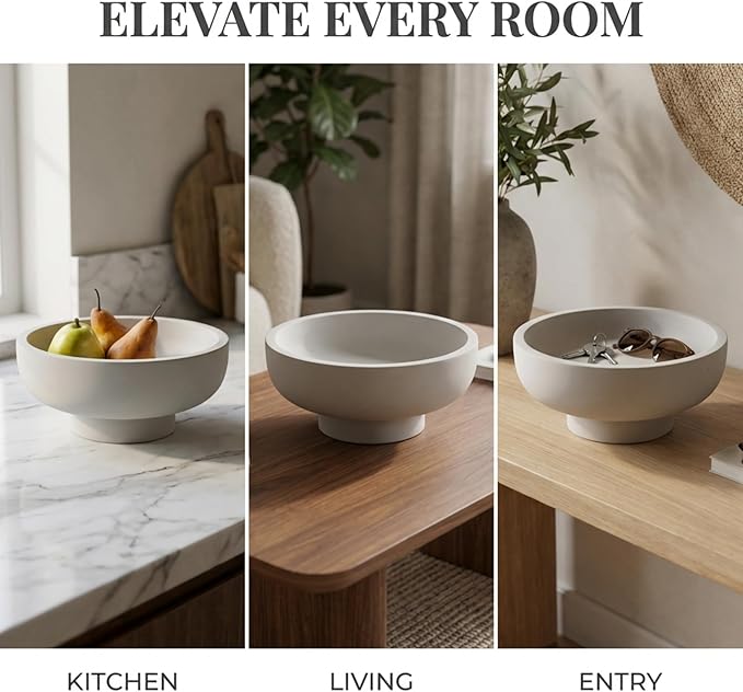 OAKOA Concrete Fruit Bowl for Kitchen Counter - Large Decorative Bowls for Home Decor - Modern Key Bowl for Entryway Table - Footed Pedestal Bowl for Keys
