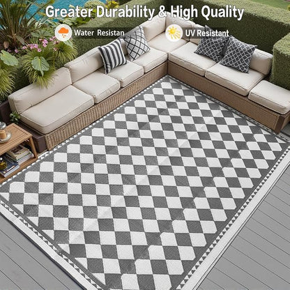 HUGEAR Outdoor Waterproof Rug 6'x9' Plastic Straw Rugs Washable Reversible Floor Mat Grey Plaid Carpet for Camping RV Deck Entryance Porch Picnic Balcony Beach Backyard