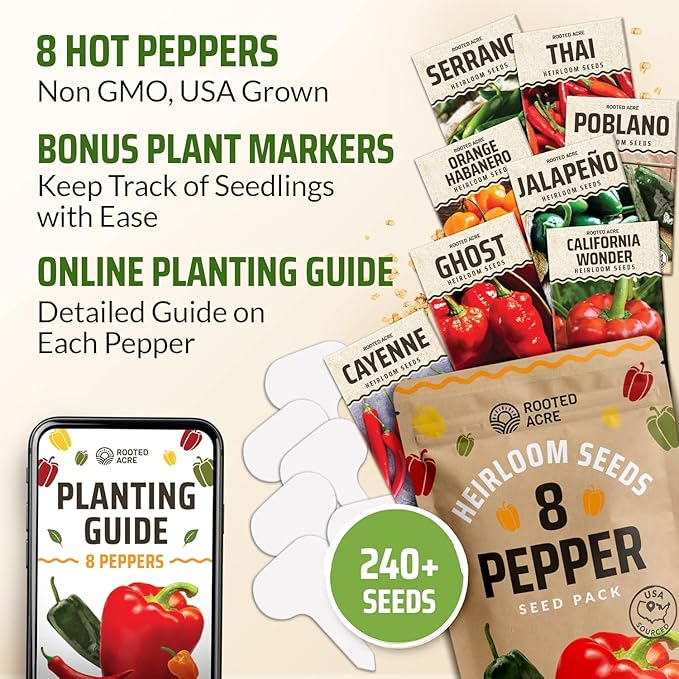 Rooted Acre 8 Varieties Hot Peppers – 240 Heirloom Seeds, High Germination – Includes Ghost Jalapeño, Serrano, California Wonder & More – Spicy Pepper Garden Mix