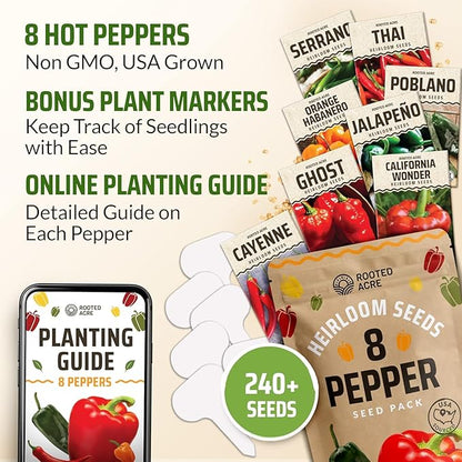 Rooted Acre 8 Varieties Hot Peppers – 240 Heirloom Seeds, High Germination – Includes Ghost Jalapeño, Serrano, California Wonder & More – Spicy Pepper Garden Mix