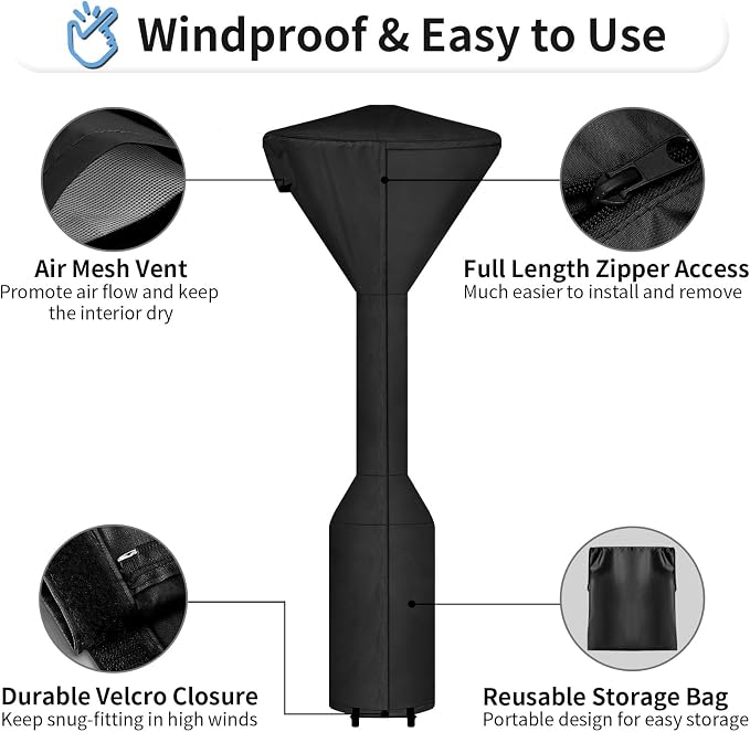 OutdoorLines Waterproof Outdoor Patio Heater Covers with Zipper and Storage Bag, Dust-proof UV-Resistant Windproof Propane Heavy Duty Heater Cover for Standing Heater, 1 Pack-95Hx34Dx19B inch Black
