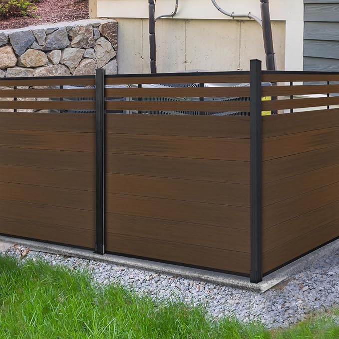 Mondaria Semi-Closed Privacy Fence Panels with 1 Post for Outside, 6ft(W) x 6ft(H), Wind Resistant Wood Plastic Composite Fencing Panels for Patio, Backyard, Garden and Pool, Brown