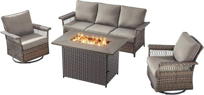 Patio Furniture Set with Fire Pit Table, 4PCS Patio Conversation Set Brown Resin Wicker Swivel Patio Chair and Sofa with 41in Rectangular Fire Table PE Rattan Patio Furniture Set