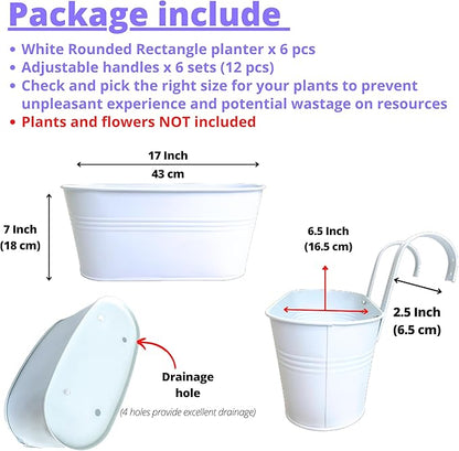 LaLaGreen Planter Boxes for Outdoor (6 Pack, 17 Inch) White Metal Deck Railing Hanging Flower Pots, Large Window Box Plant Holder Hooks Fence Rail Buckets Modern Herb Boho Style Wall Mount Porch Decor