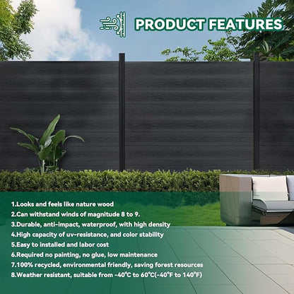 Mondaria Fence Privacy Screen with 8ft In-ground Posts, 6ft(H) x12ft(W) Wood Plastic Composite Fence Panels Weather-Resistant Outdoor Fence for Backyard/Garden (Black, 3 Posts)