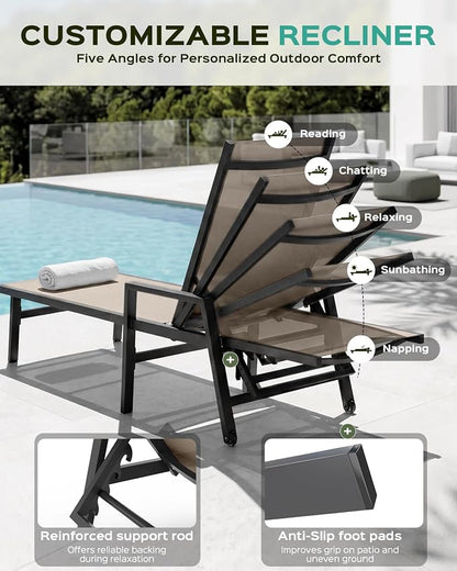 Patio Chaise Lounge Chair Outdoor with Wheels&Armrests, Aluminum Pool Lounge Chairs Five-Position Adjustable Recliner with Side Table, Outdoor Beach Lounge Chairs for Outside, Deck, Yard, Khaki