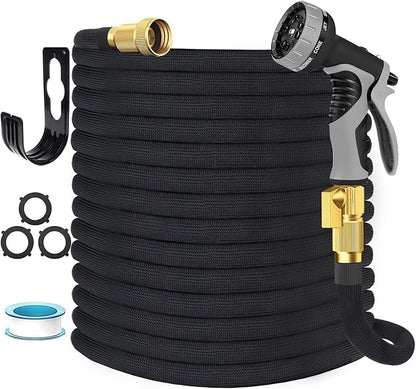 Garden Hose Non-Expandable 50 ft, Lightweight Flexible Water Hose with 10 Function Spray Nozzle, Outdoor Leak Proof, Kink-Free, Portable Hose for Yard, Lawn, Camper, High-Density Fabric, Black Grey