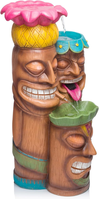 Alpine Corporation - 3-Tiered Colorful Tiki Head Water Fountain, Indoor/Outdoor Tropical Waterfall with LED Lights, for Garden, Patio, Yard, 35" H