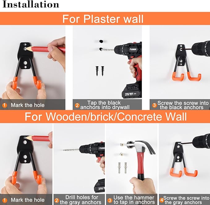 AOBEN 24PCS Garage Hooks, Heavy Duty Double Garage Hanger Organizer Wall Mount Iron Anti-Slip Garage Storage Hooks for Ladder, Power Tool,Bike,Ropes（23 Hooks & 1 hoder Strap-Orange