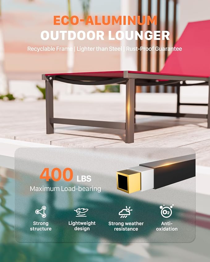 Patio Lounge Chair, Aluminum, 5 Adjustable Backrest, 2 Piece,Red | Lightweight rustproof aluminum.5 adjustable backrest positions.Breathable quick-dry fabric.For poolside,beach,lawn,backyard.
