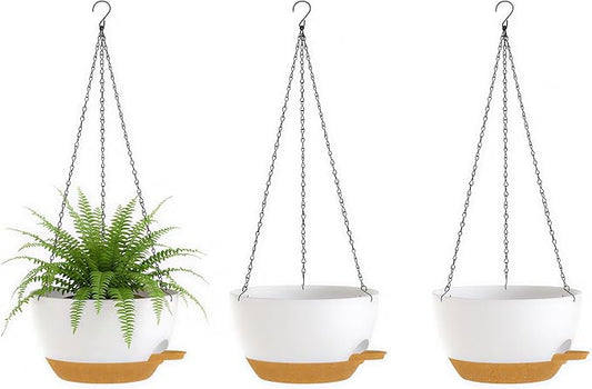 Hanging Planters, 3-Pack 10 Inch Self-Watering Pots with Drainage Holes and Chains, Matte Plastic Planters for Indoor/Outdoor Plant（White Brown）