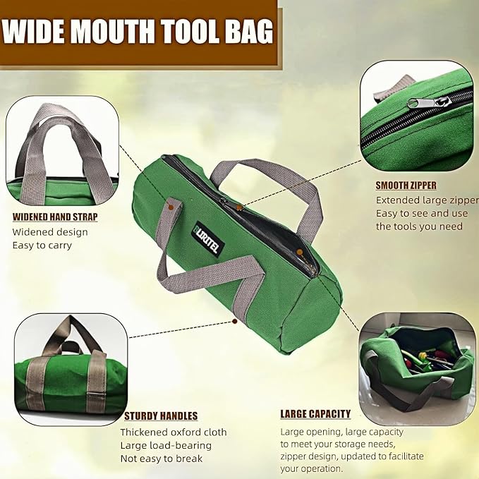 BLIRITEL 14 Inch Small Tool Bag for Men, Large Capacity Wide Mouth Canvas Storage Kit, Tote Handbag Organizer for Mechanic & Electrician Storage Wrenches (Green)