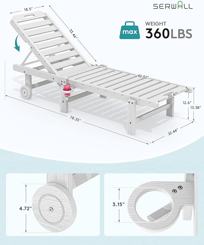 SERWALL Patio Chaise Lounge Set of 2, HDPE Outdoor Lounge Chair with Cup Holder, 5 Positions Adjustable Pool Lounge Chair with Rolling Wheels for Poolside, Deck, Sunbathing, White