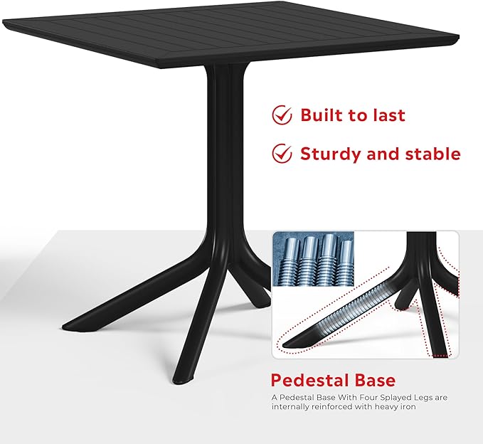 Costaelm 5 Piece Patio Furniture Set, HDPE Patio Square Bistro Table and Stackable Chairs Sets for 4, Outdoor Furniture All Weather for Backyard Poolside, Black