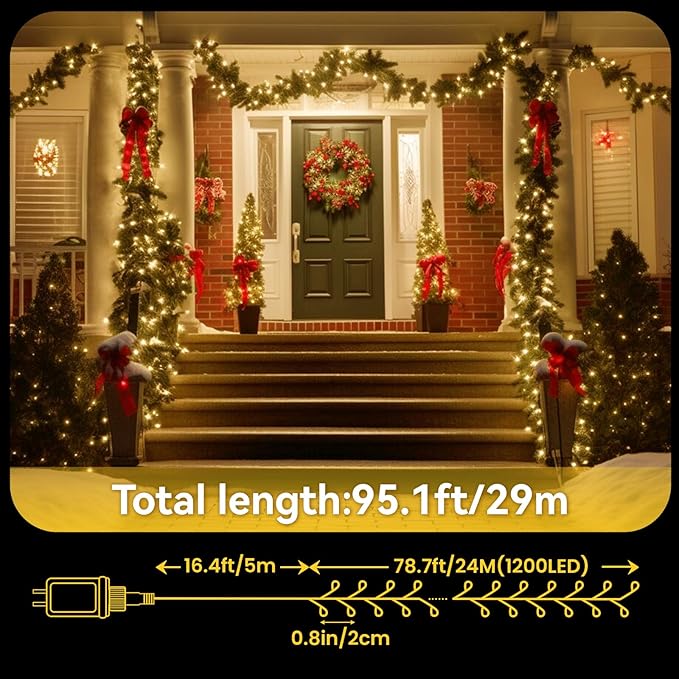 Dailyart 1200 LED Christmas Lights - 95 Ft Indoor Outdoor Cluster Lights with 8 Modes - Warm White Plug in Fairy String Lights with Timer Twinkle Lights for Christmas Tree Wedding Xmas Decorations