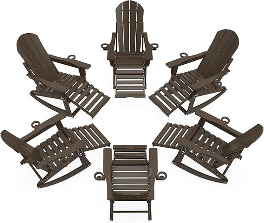 Adirondack Rocking Chairs Set of 6 with Retractable Ottoman, All Weather Folding Adirondack Chair with Two Cup Holders, Adirondack Outdoor Rocking Chairs for Porch, Patio, Balcony. Coffee