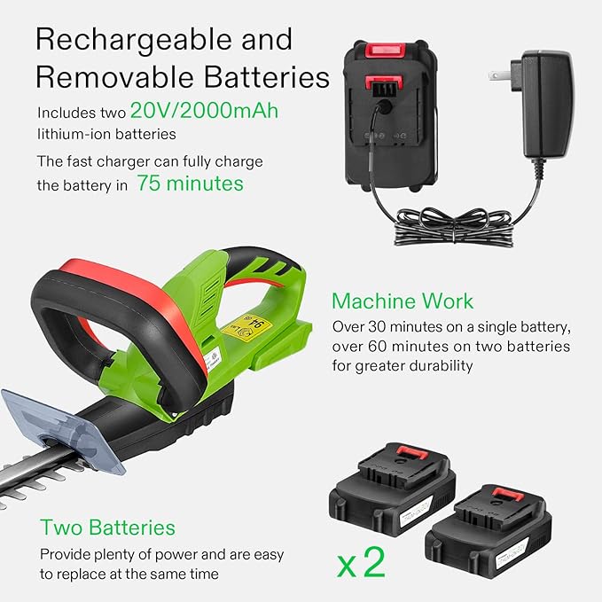 VIVOSUN 20" Cordless Hedge Trimmer, 20V Electric Bush Trimmer, 1400 RPM Shrub Trimmer, Dual-Action Laser Blade, 3/5" Cutting Capacity, Lightweight & Compact, 2Pcs Batteries and Fast Charger Included