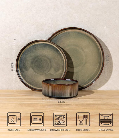 TheTerra Ceramic Dinnerware Sets for 4, 12 Pieces Porcelain Lightweight Plates and Bowls Sets, Scratch Resistant Dish Set, Oven & Microwave & Dishwasher Safe, Brown