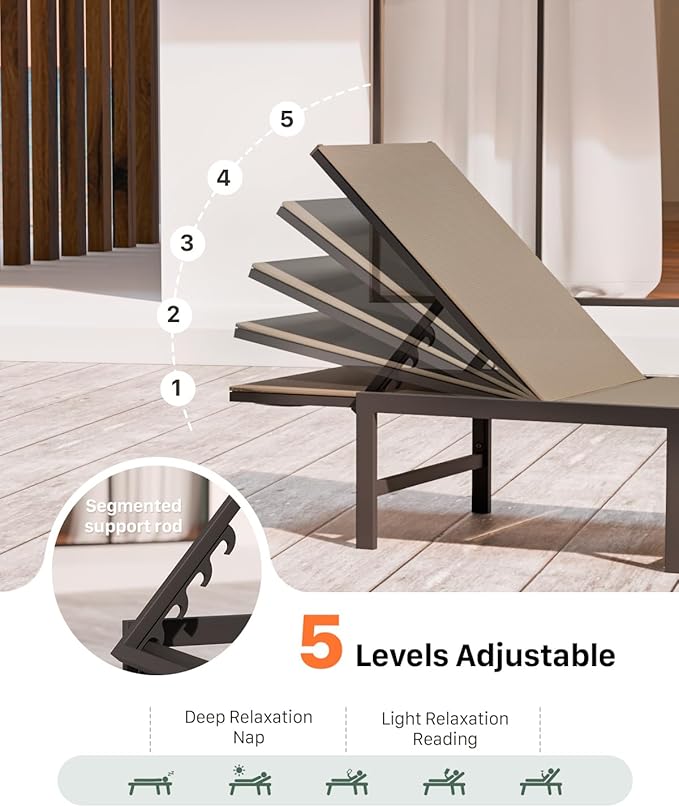 Chaise Lounge Chair Outdoor,Aluminum Patio Lounge Chairs,Lounge Chairs with 5 Adjustable Backrest and Headrest Pillows for Outside Beach,Khaki
