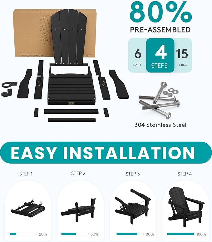 SERWALL Folding Adirondack Chair Set of 6, Weather Resistant HIPS Lawn Chairs with Cup Holder for Backyard, Garden, Fire Pit- Black