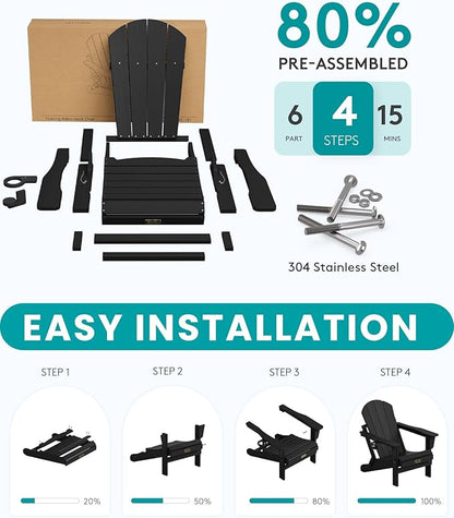 SERWALL Folding Adirondack Chair Set of 4, Weather Resistant HIPS Patio Chairs with Cup Holder for Garden Outdoors Fire Pit - Black