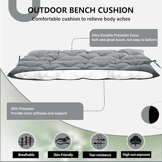 2/3 Seater Swing Replacement Cushion, Waterproof Porch Swing Cushions with Backrest, Thickened Bench Cushions for Outdoor Furniture, for Outdoor Patio Swing (Light Grey, 71 * 40in)