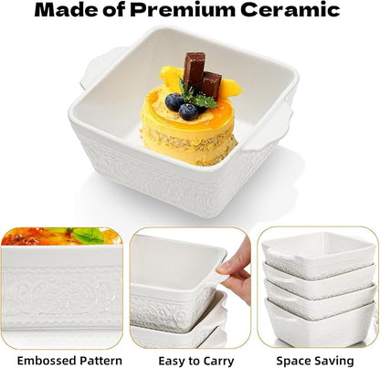 6 Pack 13 OZ Ceramic Baking Dishes, 4.5" Mini Square Bakeware Set, Small Baking Pan with Handle, Individual Casserole Dish for Oven, Roasting, Lasagna, Pie, Gratin, Microwave Safe, White