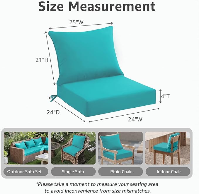 PatioGlow Outdoor Seat Cushion Set 24 x 24 x 4 Inch, Waterproof & Fade Resistant Patio Furniture Cushions with Removable Cover and Ties, Thick Deep Seating Pads for Outside Chair Sofa Couch, Teal
