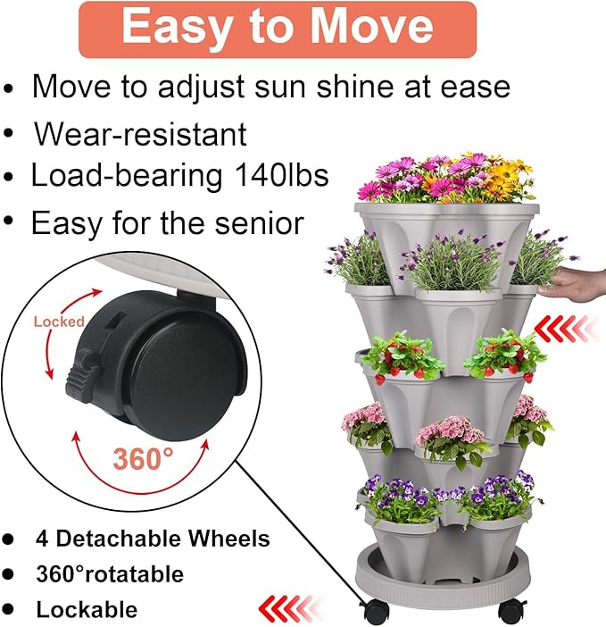 GameXcel Vertical Planter Tower- 5 Tier Stackable Garden Planter with Wheels and Tool Set – Grow Strawberries Herbs Flowers and Vegetables - Indoor Outdoor Use Gray