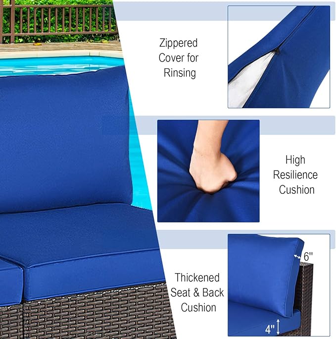COSTWAY 2PCS PE Rattan Armless Sofa, Wicker Patio Conversation Set Chairs with Soft Cushion, Outdoor Sectional Furniture for Yard, Poolside (Navy)