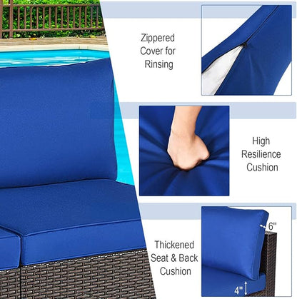 COSTWAY 2PCS PE Rattan Armless Sofa, Wicker Patio Conversation Set Chairs with Soft Cushion, Outdoor Sectional Furniture for Yard, Poolside (Navy)