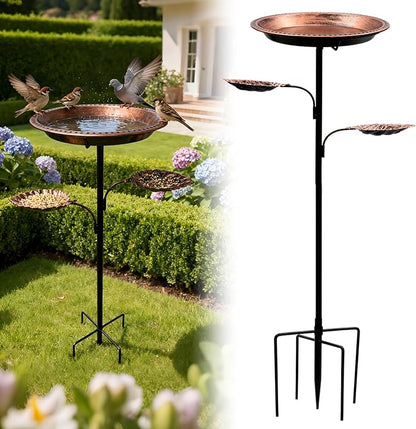 Metal Bird Bath for Outdoors,12 Inch Bath Bowl with 2 Bird Feeders,All Metal Rustproof Standing Birdbaths for Garden Yard Lawn Patio Outdoor Decor,Upgraded 5-Pronged Base (Antique Bronze)