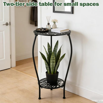 Party Zealot Two-Tiered 12 Inch Metal Round Side Tables Small Black Outside End Table for Patio Round Accent Garden Corner Stand for Small Spaces Weather-Resistant Outdoor Coffee Table for Balcony