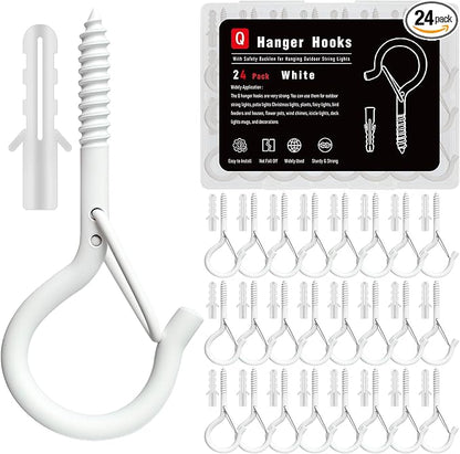 24 Pack White Screw Hooks with Safety Buckle - 2.3 Inch Rustproof Eye Ceiling Hooks for Hanging Plants,Outdoor String Lights,Baskets,Christmas Lights & Decor,40lb Capacity (24, White)